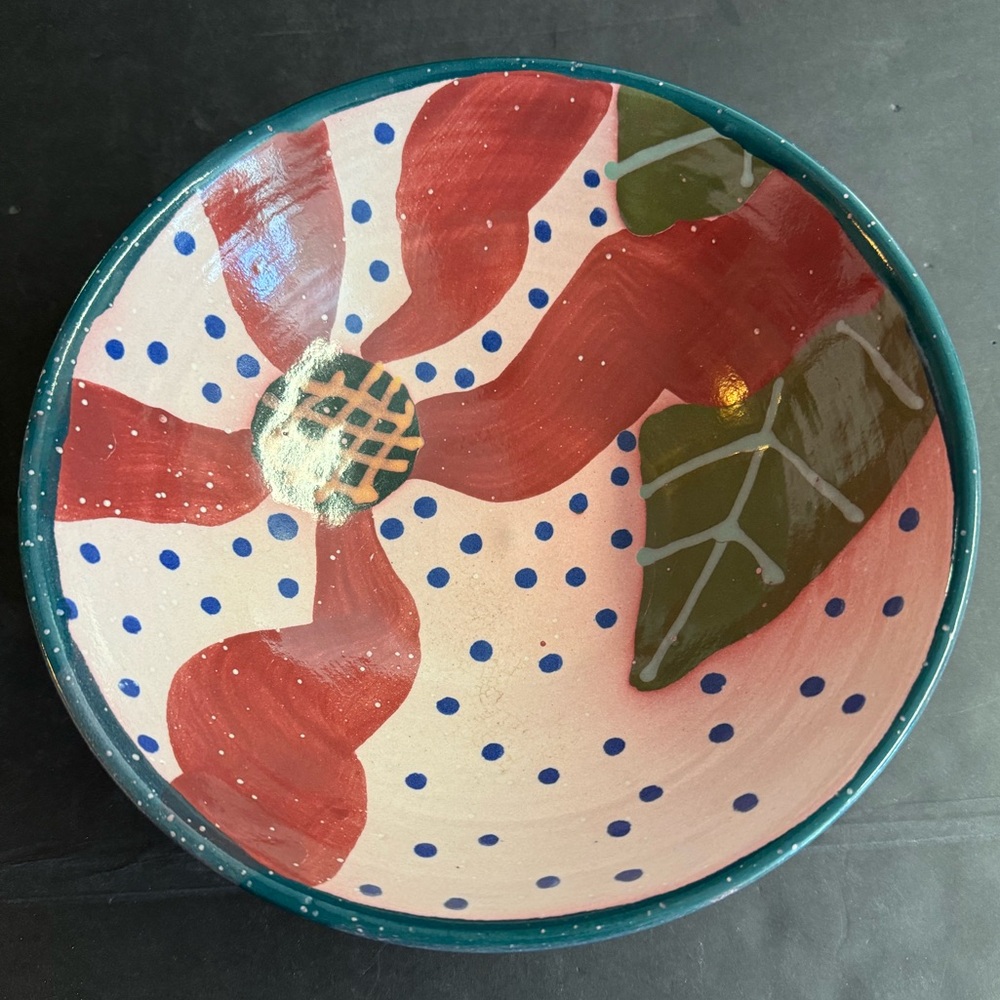 Large Vtg.Stephen Kilborn  pink and green Signed serving bowl.Folk Art.